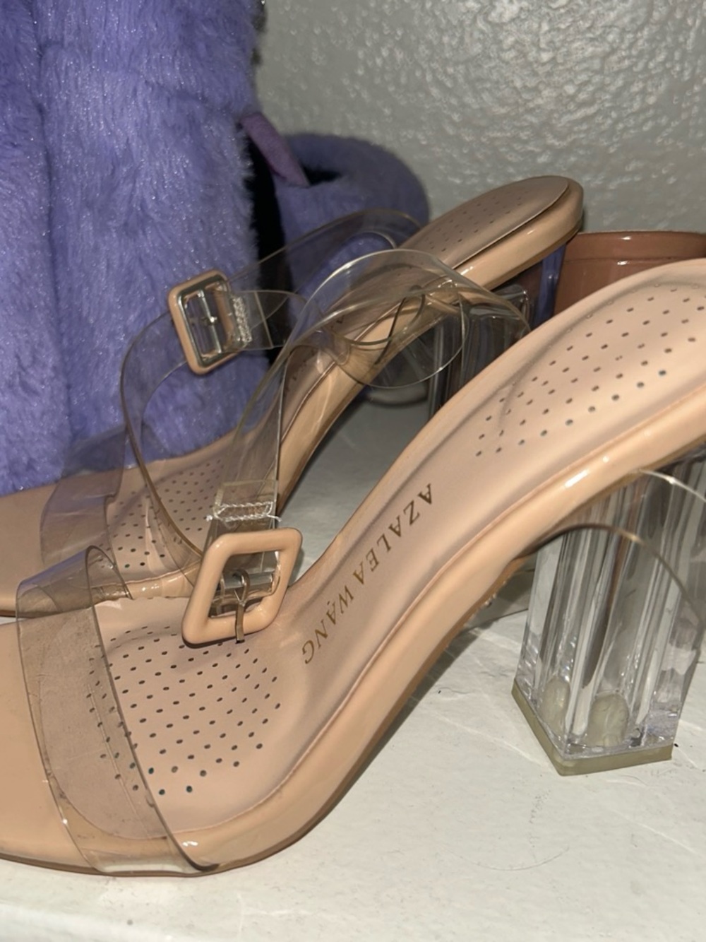 Azaela Wang Nude Clear Strap Block Heel Sandals